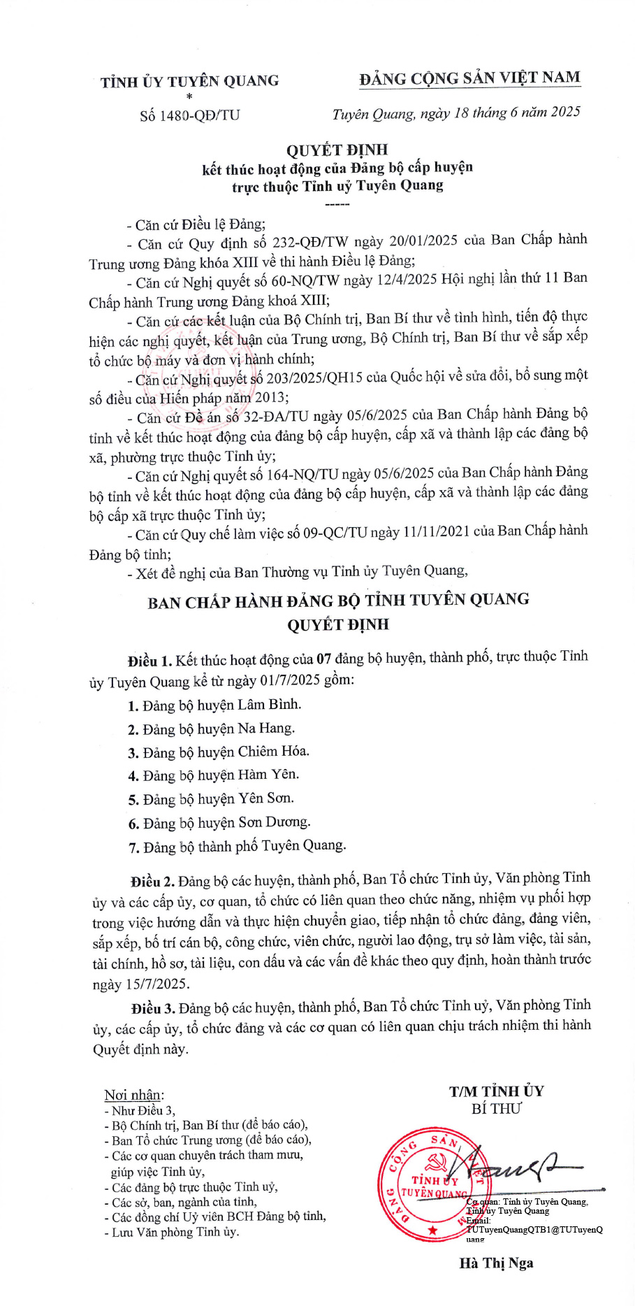 Quyết định kết thúc hoạt động của Đảng bộ cấp huyện trực thuộc Tỉnh ủy Tuyên Quang